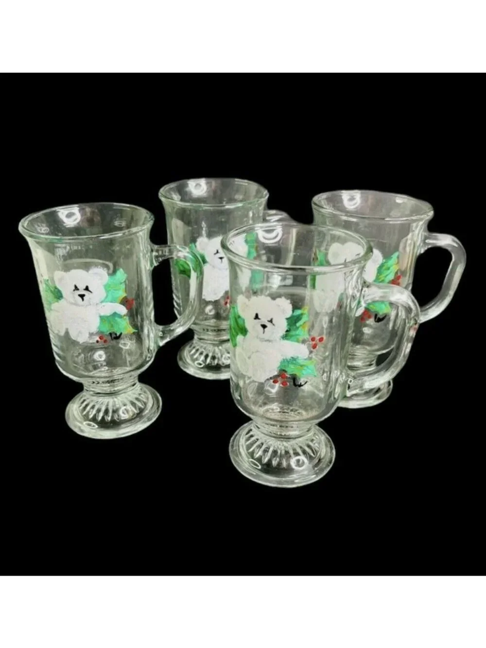4 Vintage Christmas Glass Mugs Footed Clear Pedestal Bear Holly Holiday Cocoa